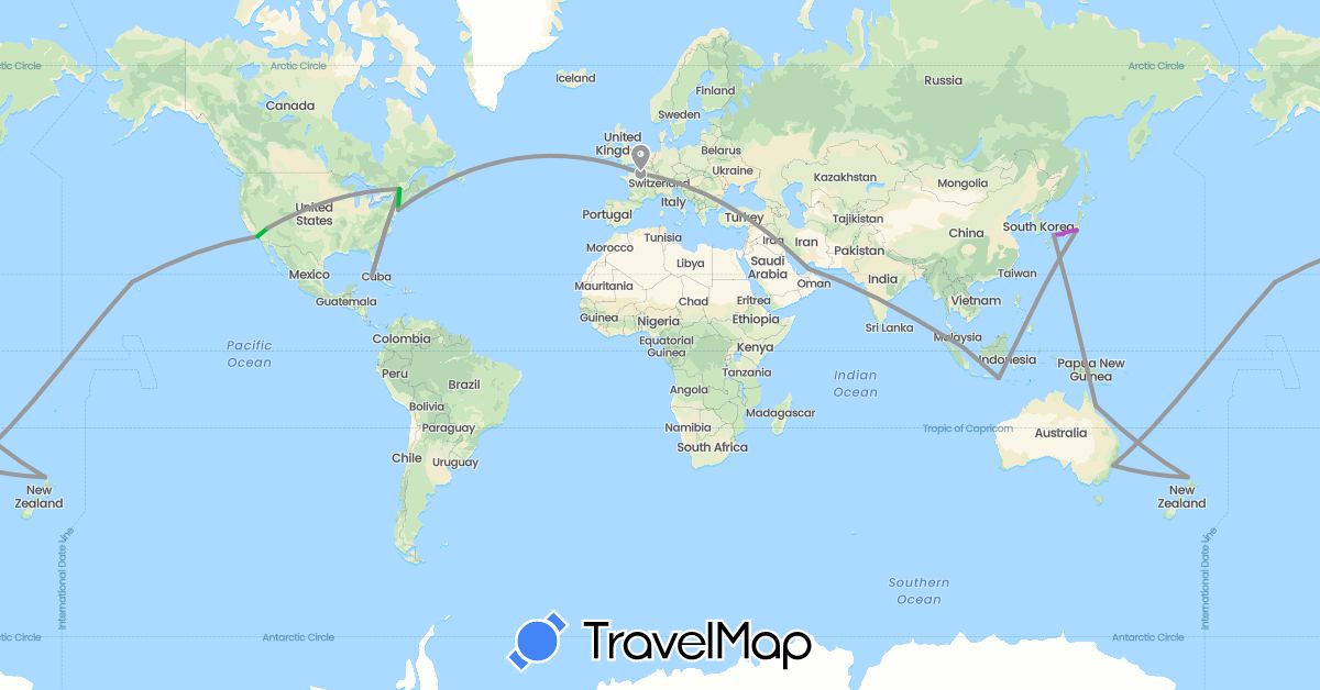 TravelMap itinerary: driving, bus, plane, train in United Arab Emirates, Australia, Canada, Cuba, France, Indonesia, Japan, New Zealand, Singapore, United States (Asia, Europe, North America, Oceania)